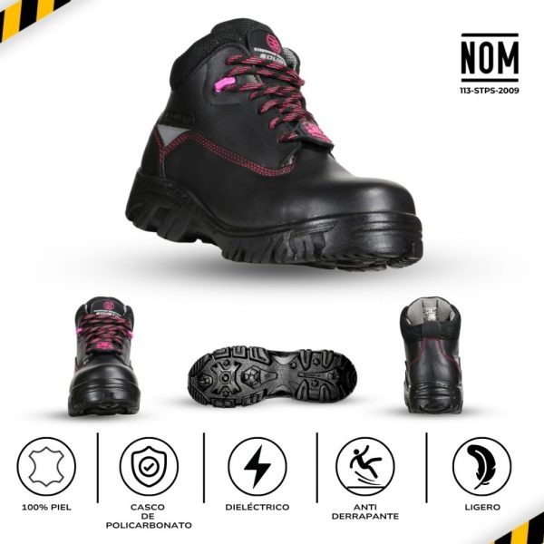 Bota Industrial Dieléctrica Estilo 945 Negro-Fiusha Con Casco de Policarbonato